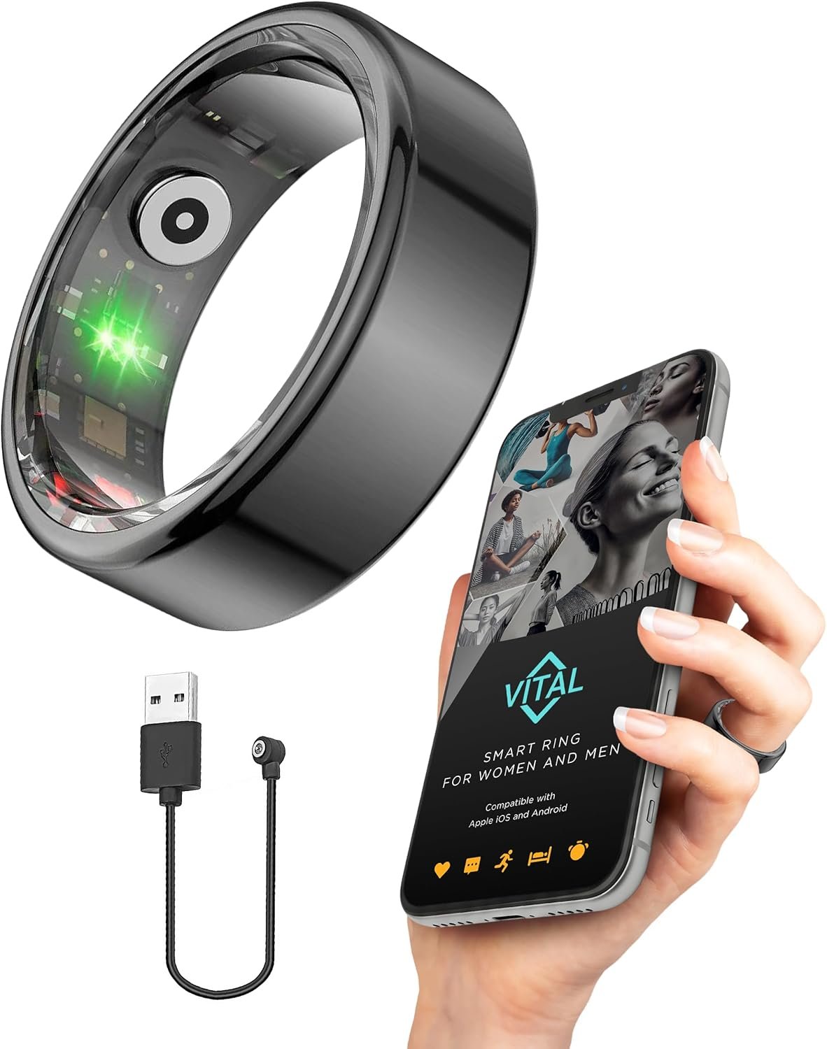 FREEZE2TRIM Vital Health Smart Ring for Women Rings for Men with Fitness, Sleep Monitor, Heart Rate, Activity Tracking, App (Size 8), Black