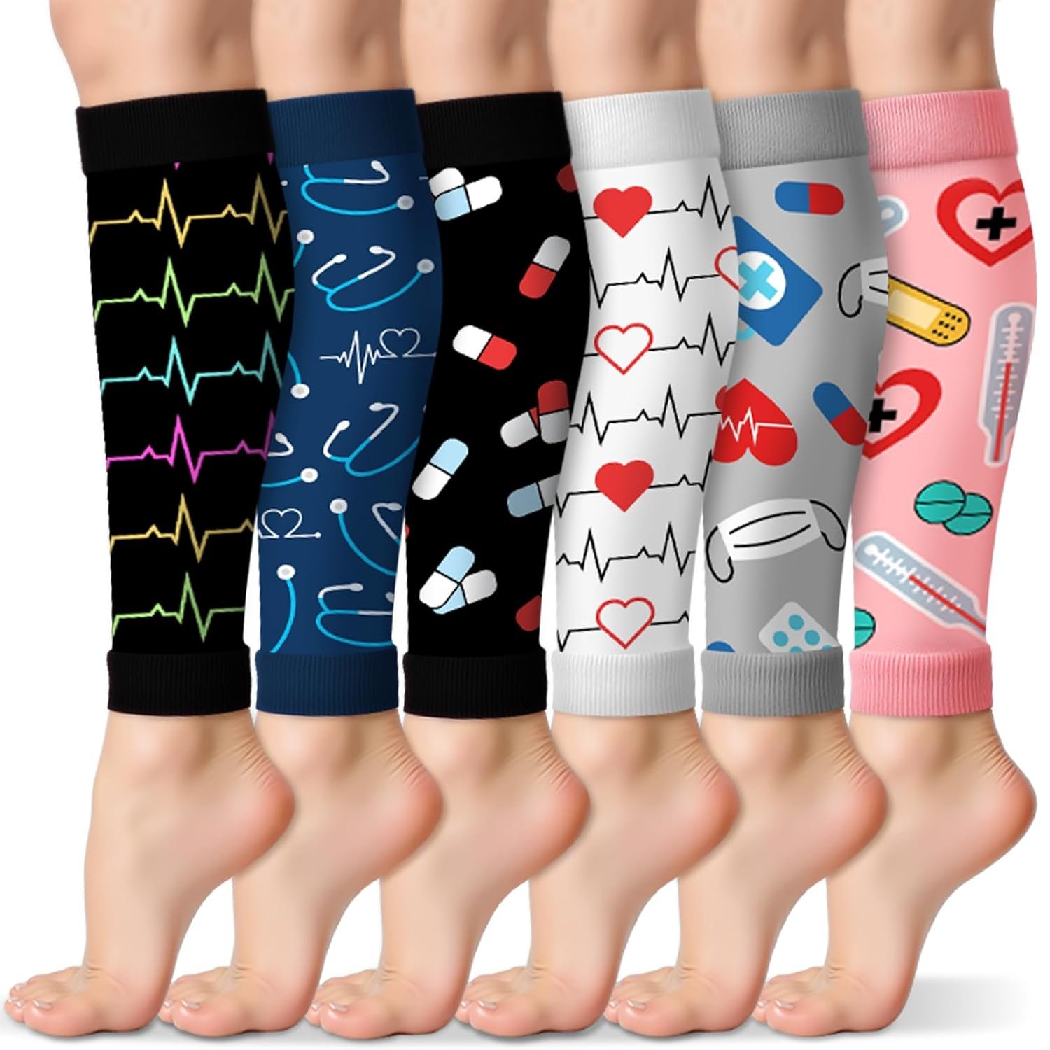 Hercicy 6 Pairs Nurses Week Appreciation Gifts Calf Compression Sleeve for Women Footless Compression Socks Support Sports Elastic Leg Sleeve for Nursing Week Graduation Thank You Gift(Classic)