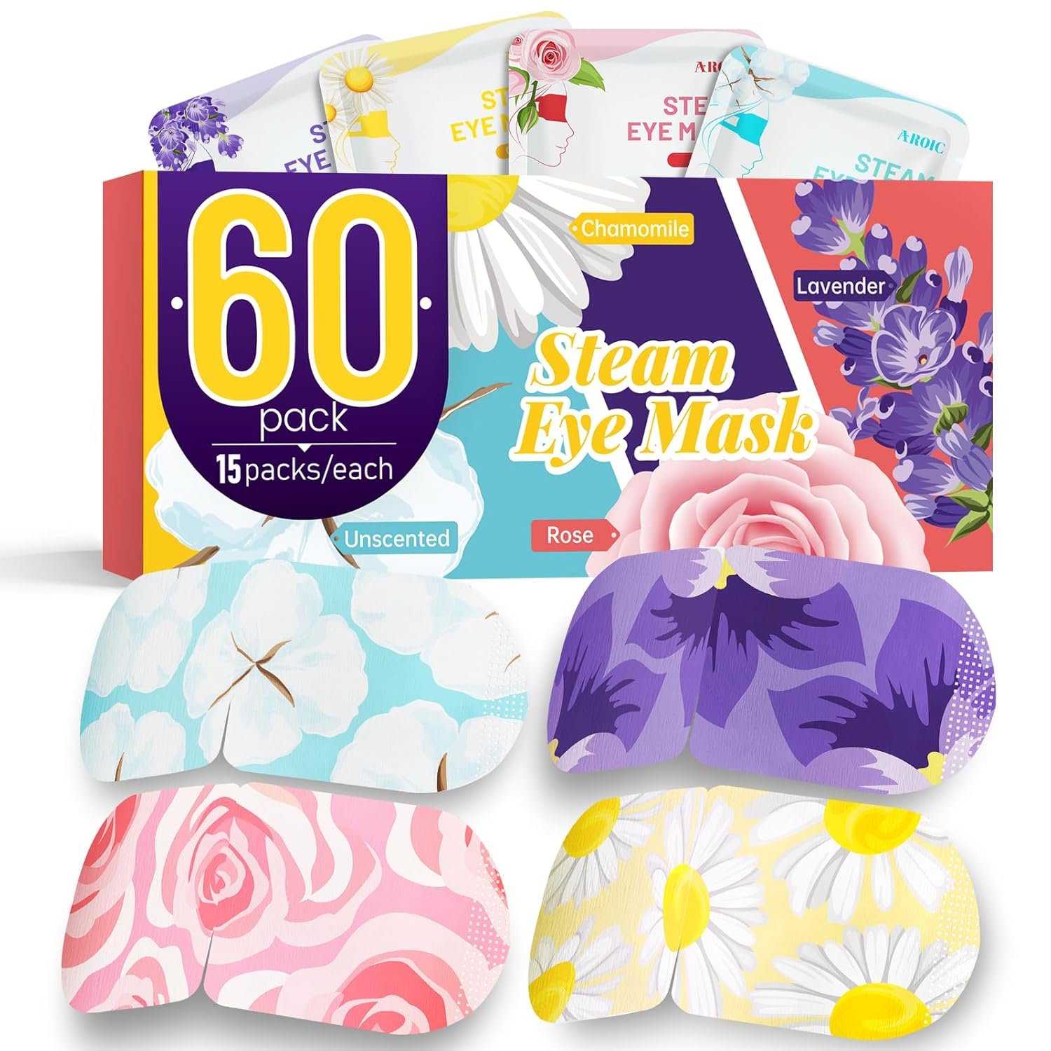 AROIC 60 Pack Steam Eye Masks Disposable, Heated Eye Mask Warm Compress for Eyes, Relaxation Mothers Day Gifts Self Care for Women, Spa Travel Essentials – Lavender, Unscented, Chamomile, Rose