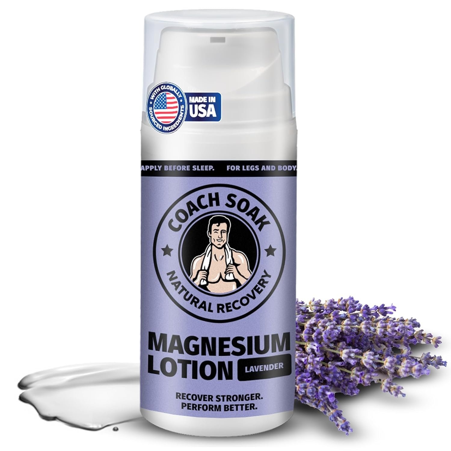 Coach Soak Magnesium Lotion with MSM – Magnesium Chloride & Menthol – Non-Greasy Alternative to Epsom Salt Lotion and Cream – Apply Before Sleep for Feet, Leg Cramps & Body – Lavender 3.4oz