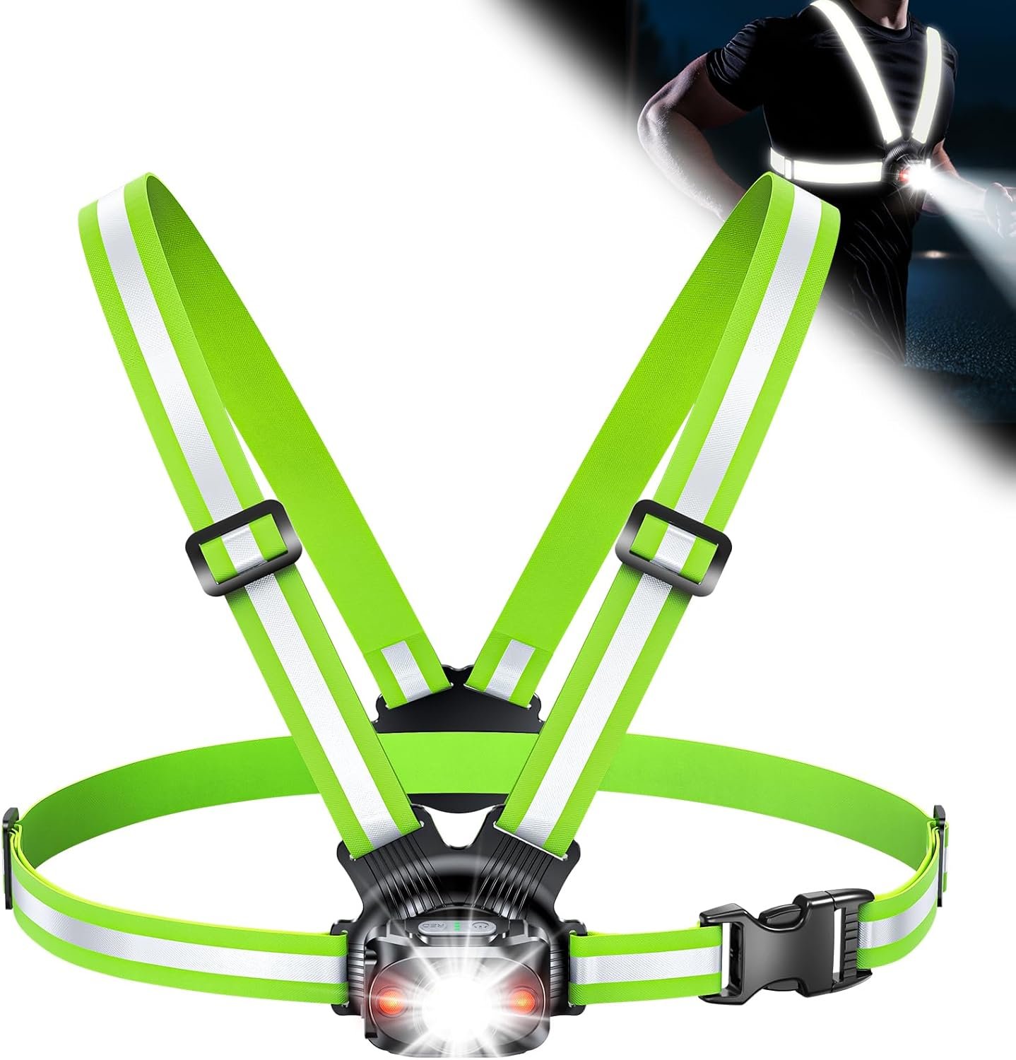 ISEYOU Running Lights for Runners, 500 Lumens Running Light with 45° Adjustable Tilt, 360° Reflective Vest & IPX4 Waterproof Rechargeable Light Up Gear for Night Walking/Cycling/Jogging/Hiking