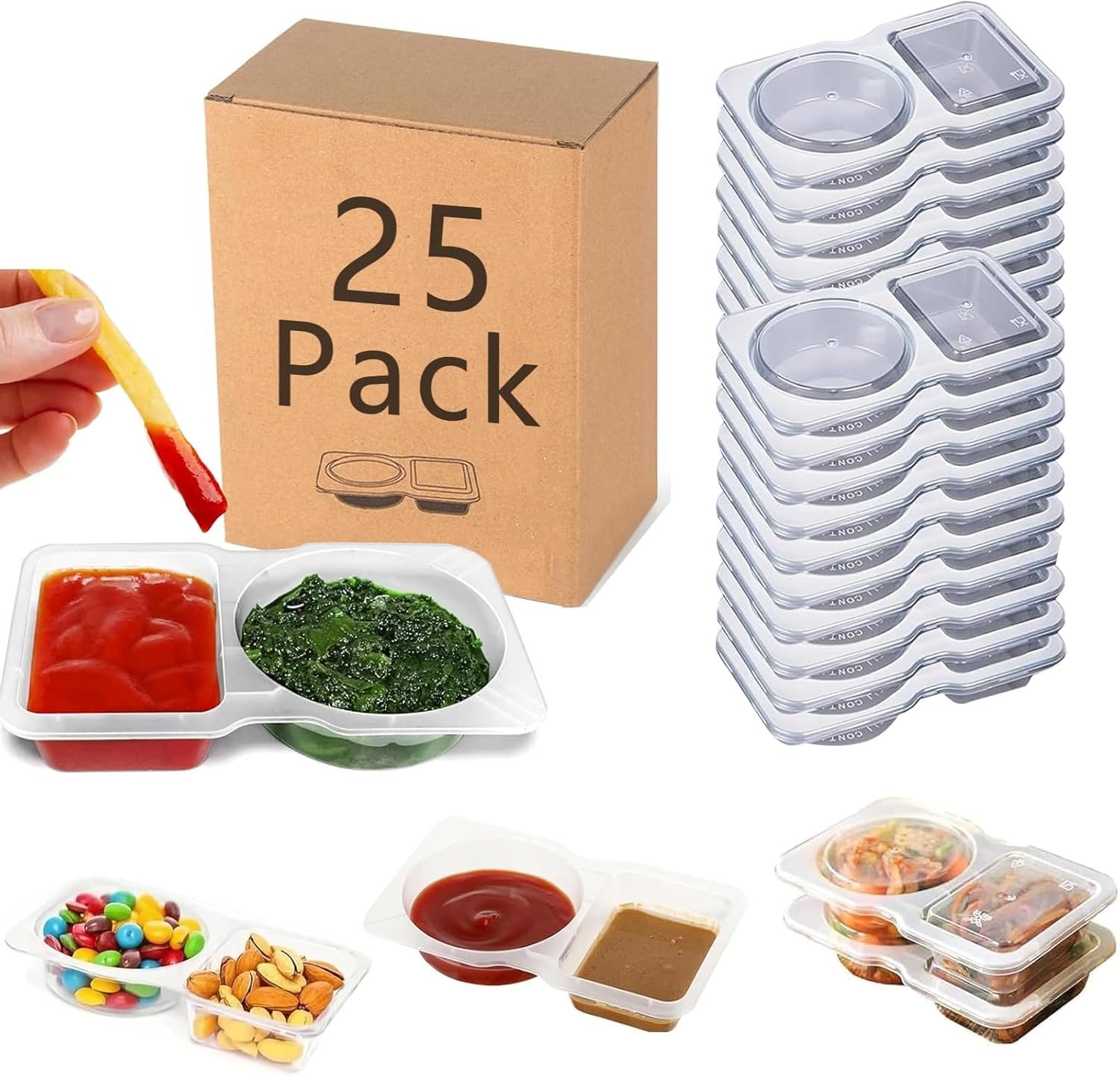 25 Sets Reusable Snack Containers Double Compartment Snackle Box Container with Lids – Leak-Proof BPA-Free Food Storage, Condiments Portion Control Dip Cups for Kids School Lunches, Meal Prep, Takeout