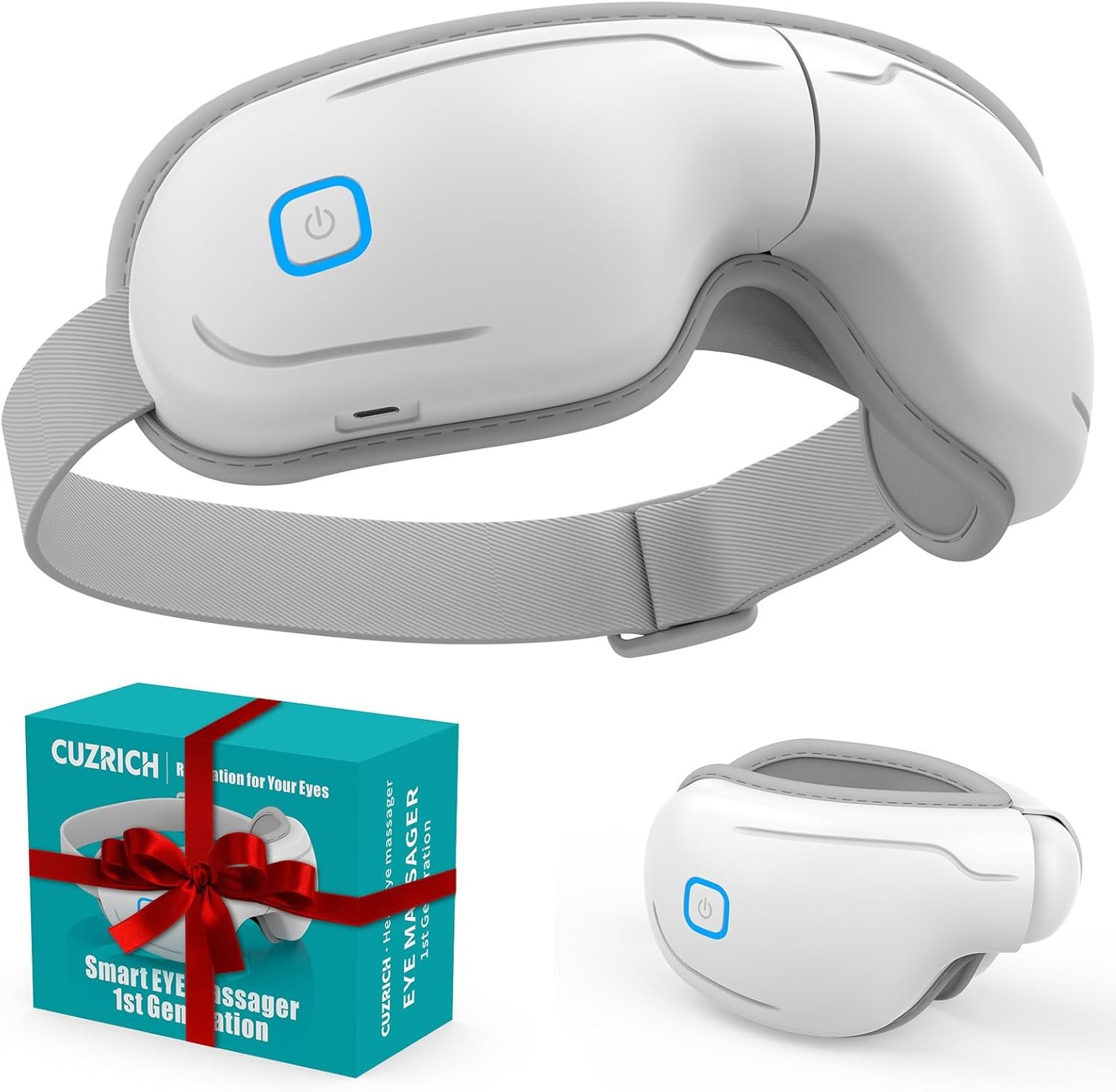 Eye Massager with Heat and Compression – Classic White Heated Eye Mask with Vibration, Bluetooth Music, 6 Modes, Rechargeable 1200mAh Battery for Eye Strain, Dry Eyes, Migraines Relief