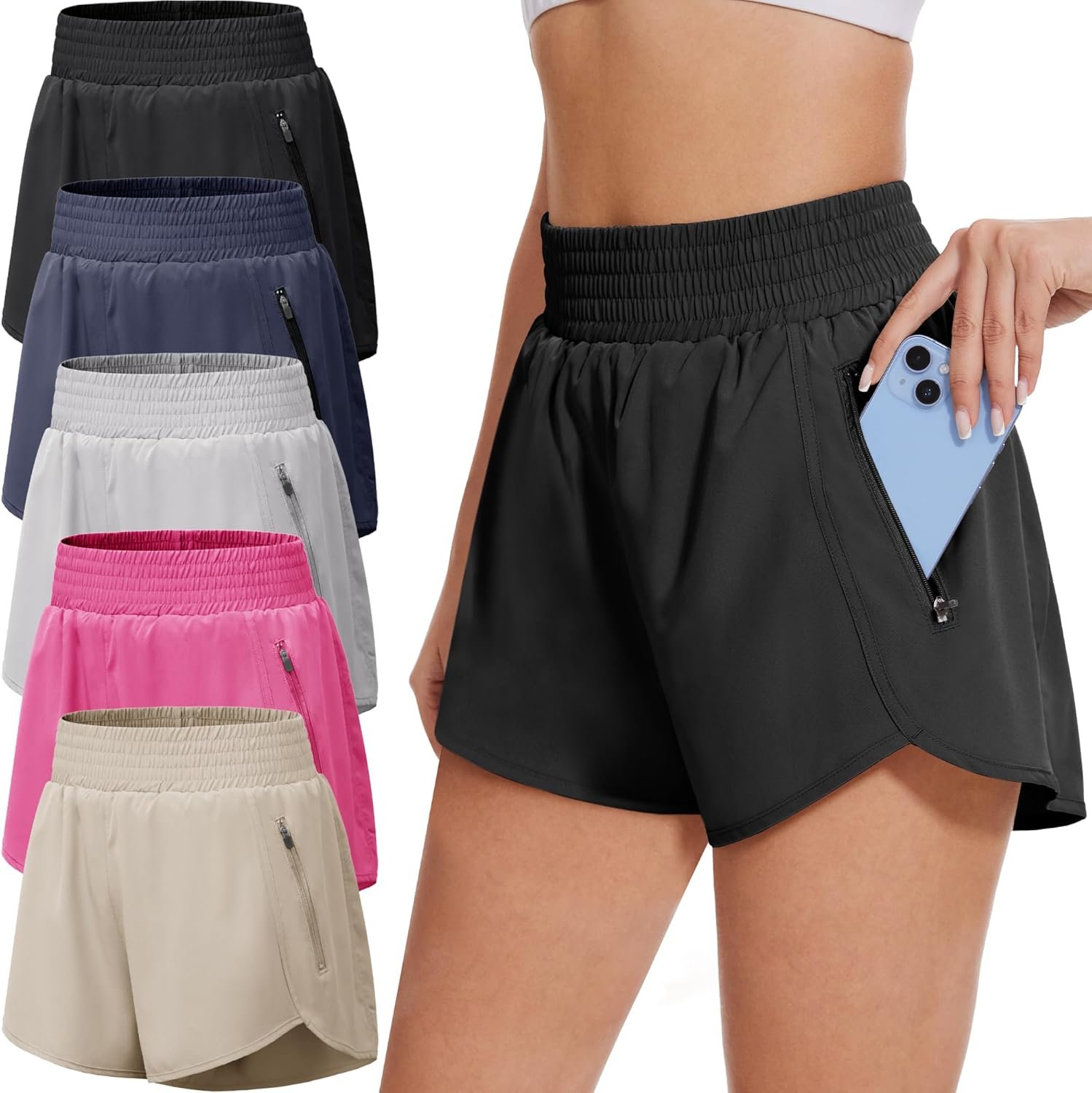 BALENNZ Womens Athletic Shorts with Zipper Pockets Activewear Elastic Waist Workout Gym Running Shorts