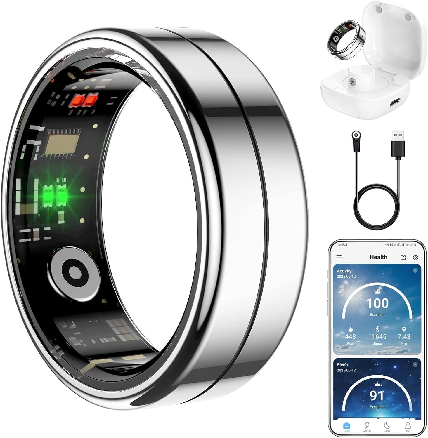 Fit Ring for Women Men, Ring Health Tracker with Heart Rate,Blood Oxygen,Heart Rate Variability, Stress, Sleep Monitor, Step Counter, Smart Ring for iPhone & Android, No Subscription Fee (Silver, 10)
