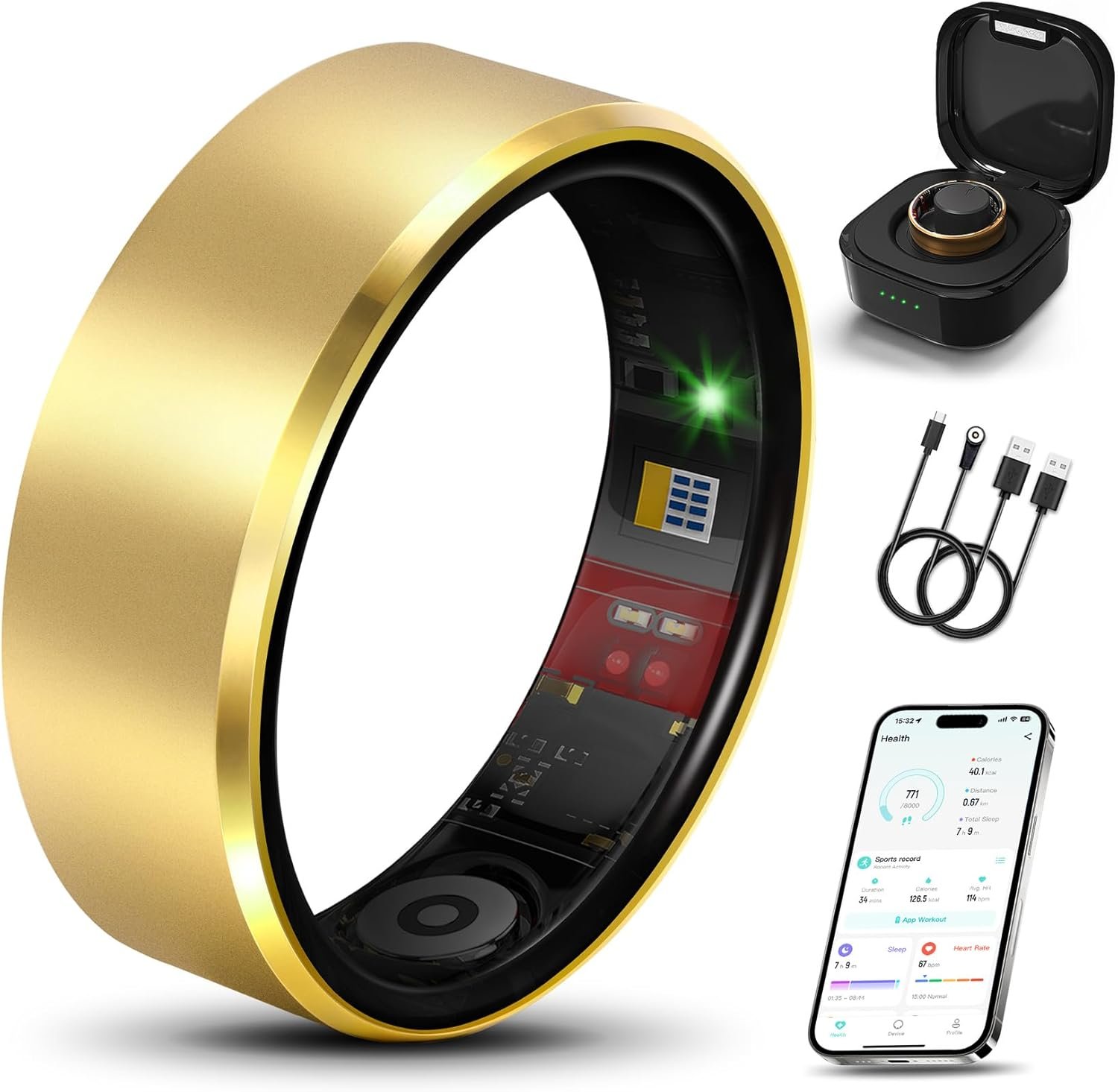 Smart Health Ring 2.0 for Women Men, Slim Scratch & Fingerprint Resistant Design, Efficient Chip Fitness Tracker, Monitors Heart, Blood Oxygen & Pressure, Gold 11#
