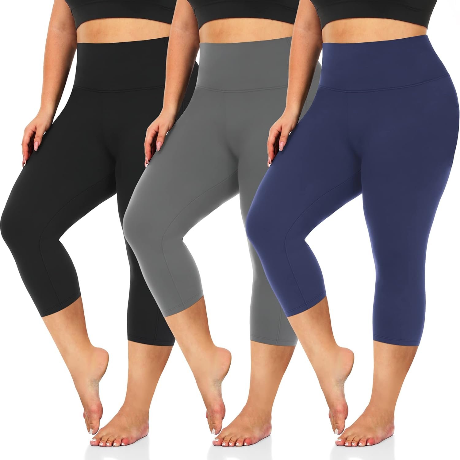 3 Pack Women’s Plus Size Capri Leggings High Waist Tummy Control, Stretchy Yoga Workout Pants (XL-4X) – Spandex Elastic Fit