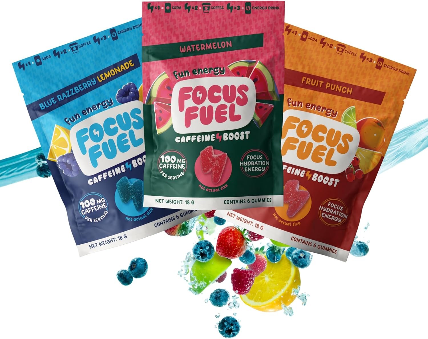 FocusFuel Energy Chews – Trial Size Variety Sample Pack (9 Servings) – 100mg Caffeine + Alpha GPC + L-Theanine + B12, Magnesium – Blue Razzberry Lemonade, Watermelon, Fruit Punch – No Crash or Jitters