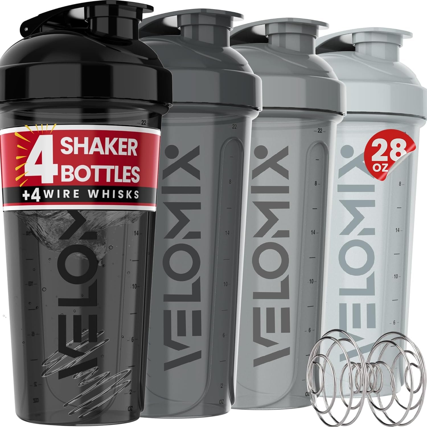 VELOMIX -4 Pack- 28 oz Protein Shaker Bottles for Protein Mixes – 4x Wire Whisk | Leak Proof Shaker Cups for Protein Shakes | Stackable Protein Shaker Bottle Pack (Silver Mix)
