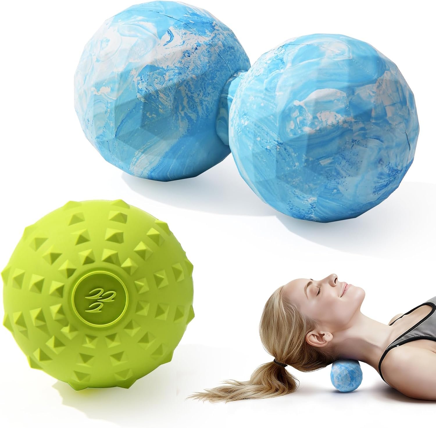 Peanut & Spiky Massage Ball Set, Double Lacrosse Peanut Roller + Firm Spiky Ball for Deep Tissue Myofascial Release, Trigger Point Therapy, Plantar Fasciitis & Muscle Recovery (Blue Mix White+Yellow)
