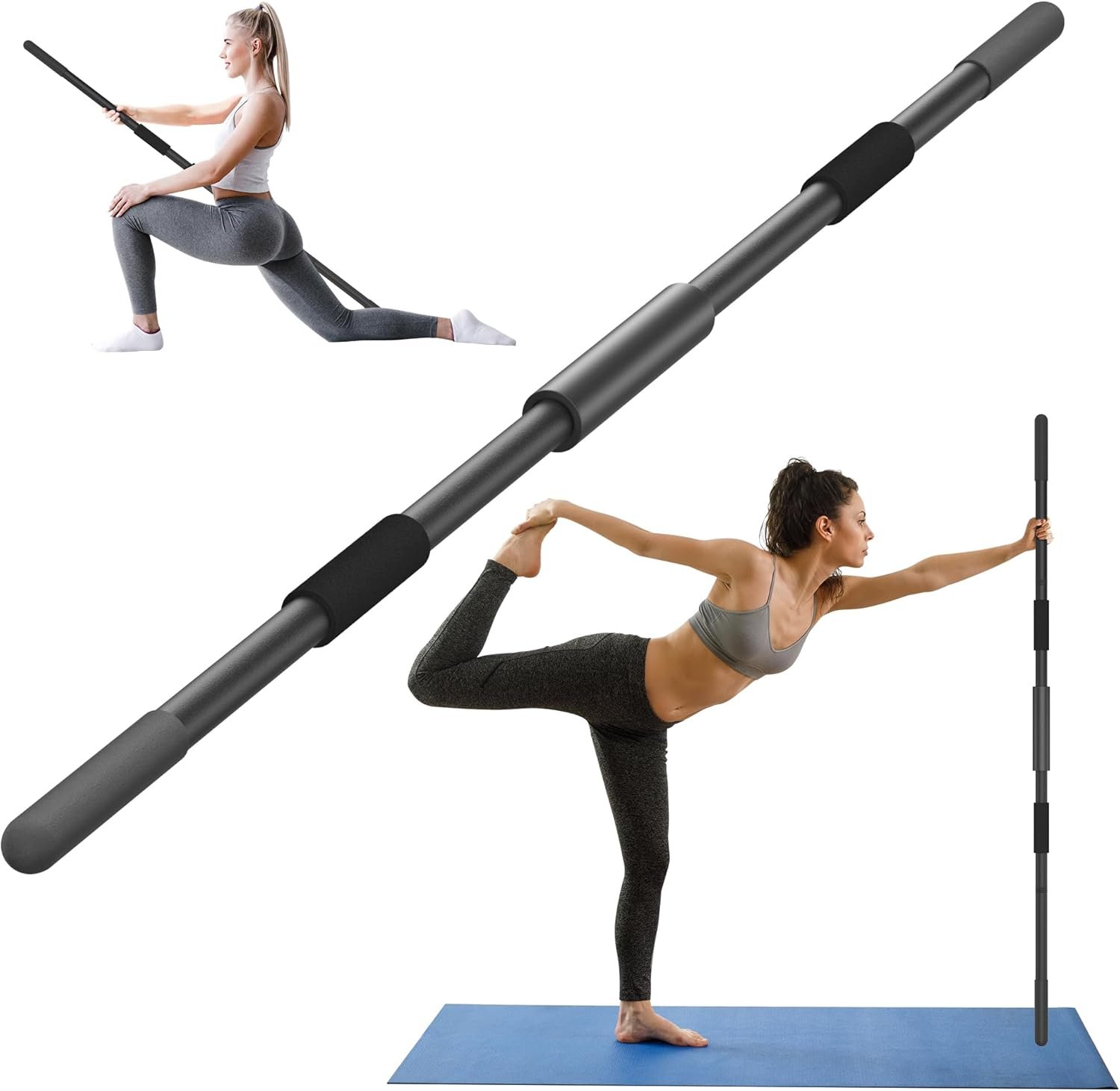 Yoga Stick 58 Inch Sturdy Alloy Steel – Adjustable Stick for Exercise, Stretching, Balance – Versatile Exercise Stick with Non-Slip Ends, Neck Cushion and Adjustable Grip Cushions