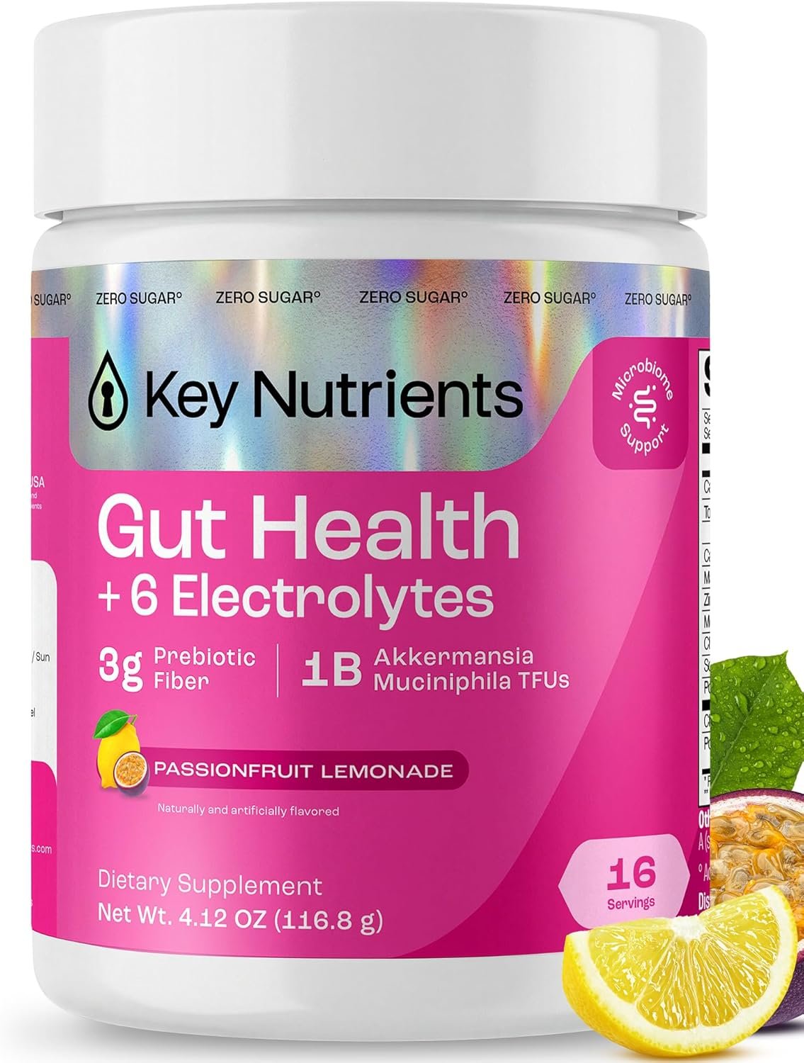 KEY NUTRIENTS Gut Health Electrolyte Powder, 3-in-1 Hydration Drink Mix with 3g Prebiotic Fiber & Akkermansia Probiotic Support, Sugar Free Passionfruit Lemonade, 16 Servings
