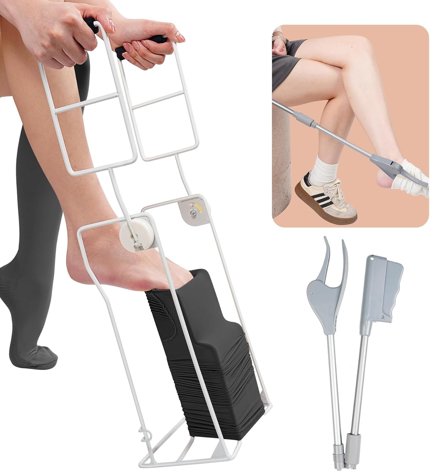 Compression Sock Aid Device Kit, Sock Helpers to Putting on & Removing Compression Stockings for Seniors Men Women with Limited Mobility, Shoe Horn & Sock Puller Aid Easy On and Off