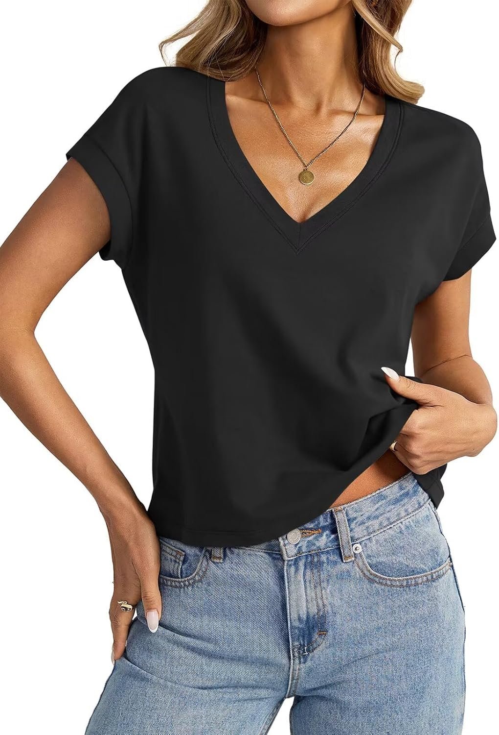 EasyGala Womens Cap Sleeve Crop Tops Cotton V Neck T Shirt Boxy Loose Fit Short Sleeves Tee Summer Fashion Clothes 2026