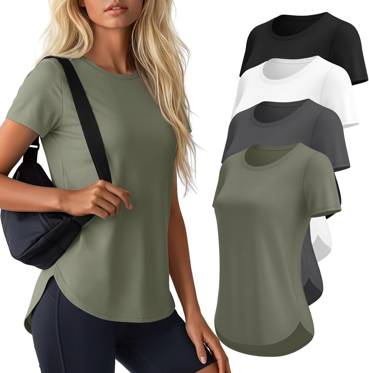 Locoowai 4 Pack Women’s Workout Shirts UPF 50+ Athletic Breathable Short Sleeve Tops Quick Dry Split Hem Running Gym Yoga Tee