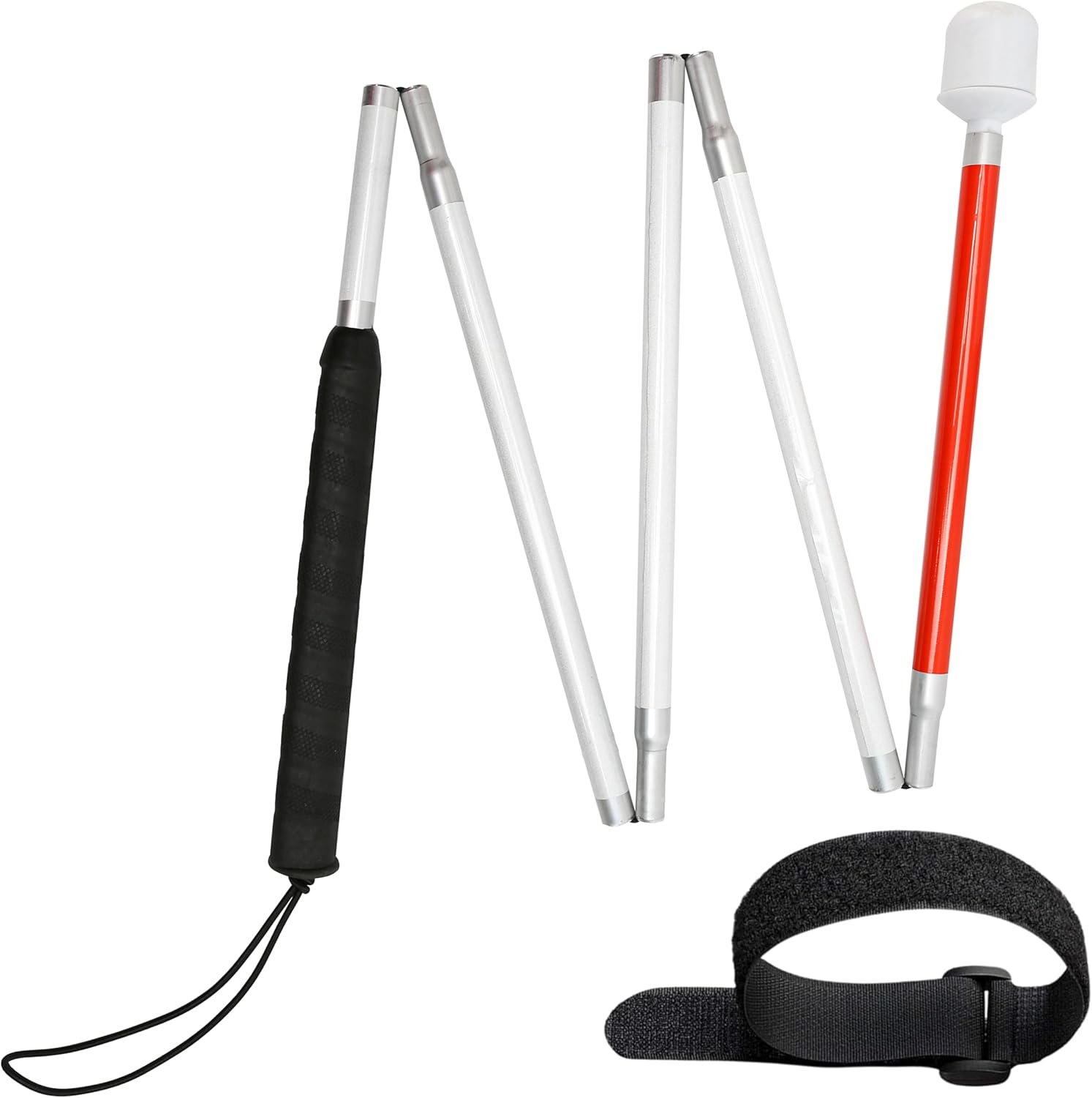 Blind Cane, White Cane Stick with Rolling Marshmallow Ball Tip & Red Reflective, 50inch Foldable Walking Mobility Baston para Ciegos, Folding Tool for Visually Impaired Person Seeing Sight (w Strap)