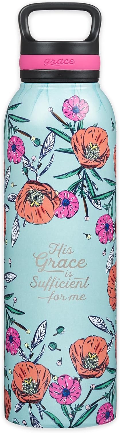Christian Art Gifts Stainless Steel Double Wall Vacuum Insulated Water Bottle for Women: His Grace is Sufficient – 2 Corinthians 12:9 Inspirational Verse w/Carry Handle Lid, Teal Multi Floral, 24 oz.