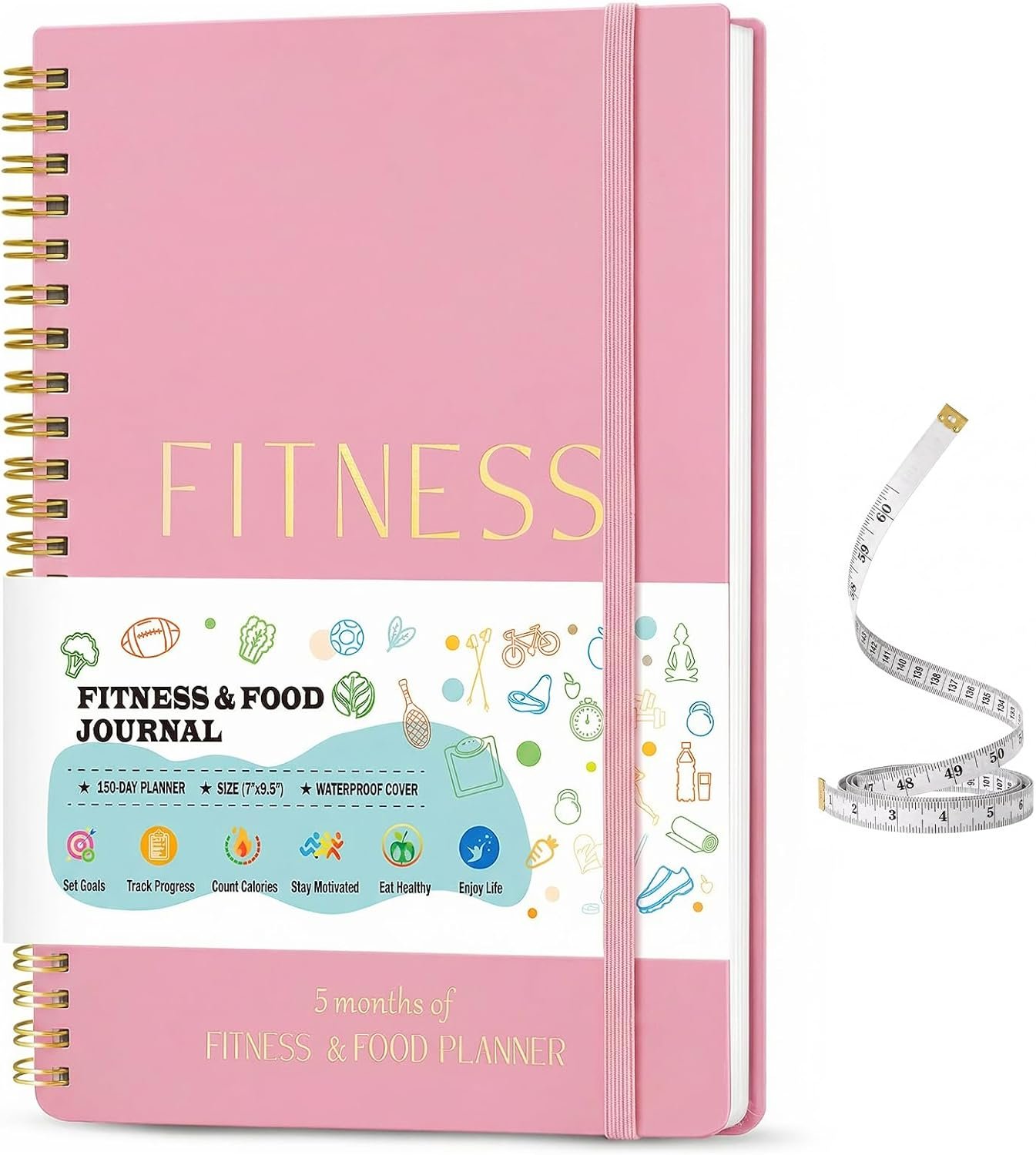 Fitness Food Journal for Women – Workout & Wellness Planner 150-day Notebook with Measuring Tape: Undated Pink Weight Loss for Diet Exercise Health Tracker (9.5’’*7’’)