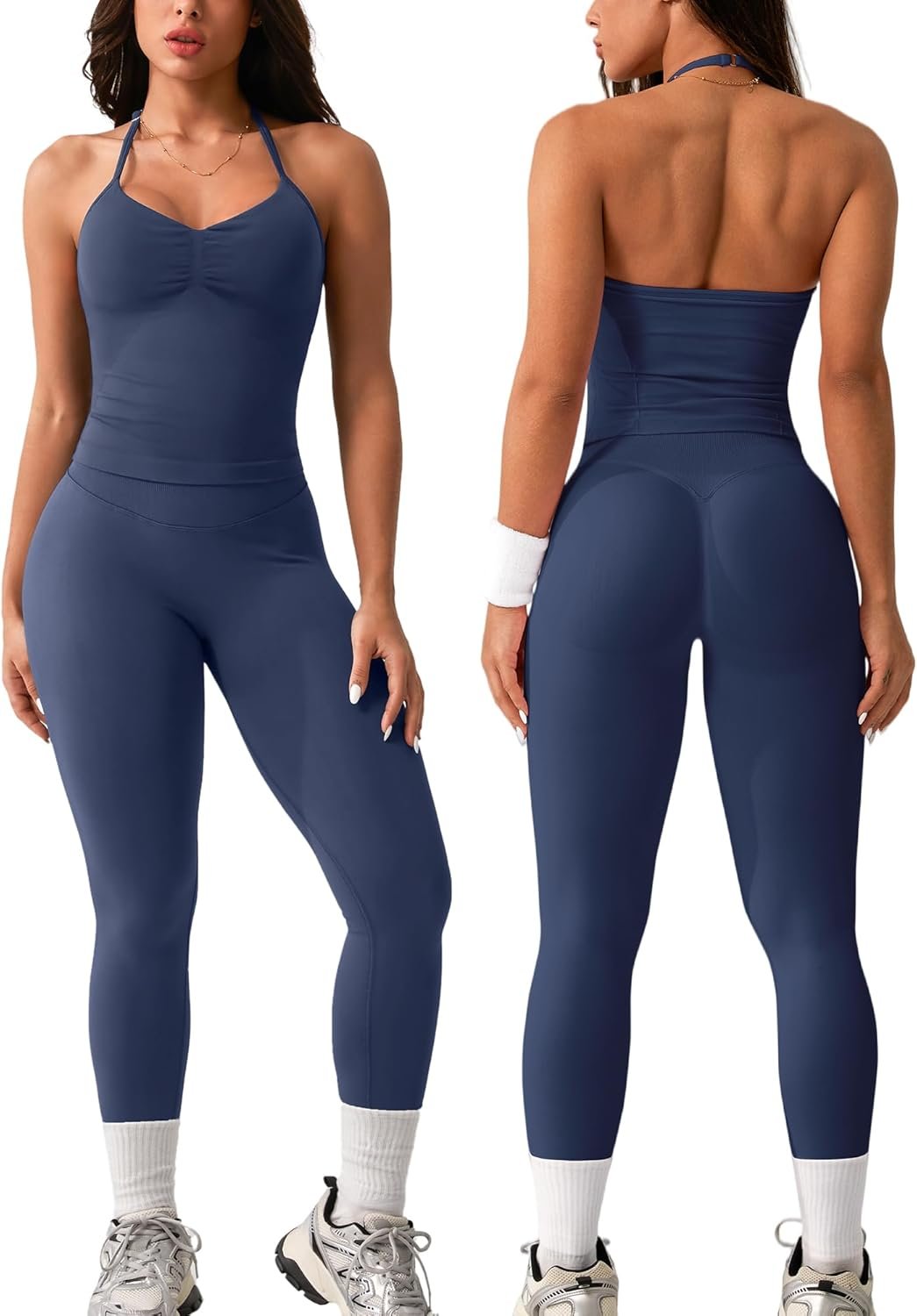 2 Piece Ribbed Seamless Workout Sets for Women No Front Seam High Waisted Yoga Leggings & Adjustable Halter Bra Gym Yoga Set