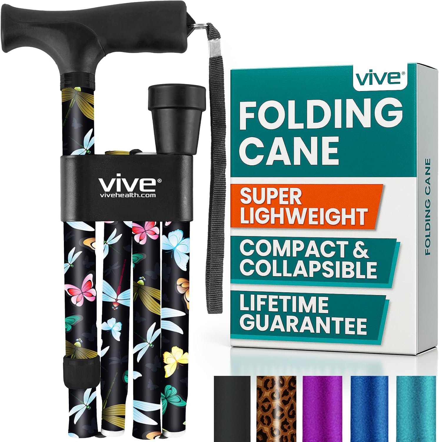 Vive Folding Cane – Foldable Walking for Men, Women Fold-up, Collapsible, Lightweight, Adjustable, Portable Hand Stick Balancing Mobility Aid Sleek, Comfortable (Black Butterfly)