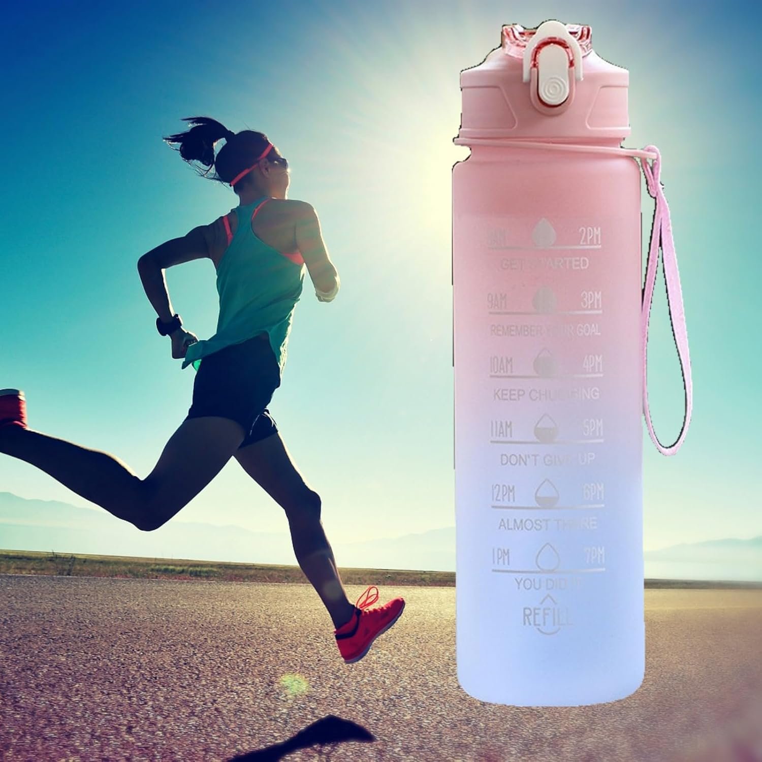 Water Bottle, Leakproof BPA & Toxic Free, Motivational Water Bottle with Times to Drink and Straw, Fitness Sports Water Bottle with Strap for Office, Gym, Outdoor Sports,Pink