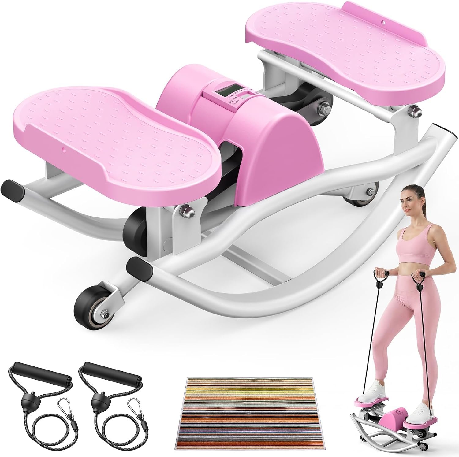 Rock Stepper, Side to Side Rocking Stepper for Exercise at Home, Low-Impact Lateral Stair Stepper with Resistance Bands & LCD Monitor for Full Body Workout Balance, Fitness Machine