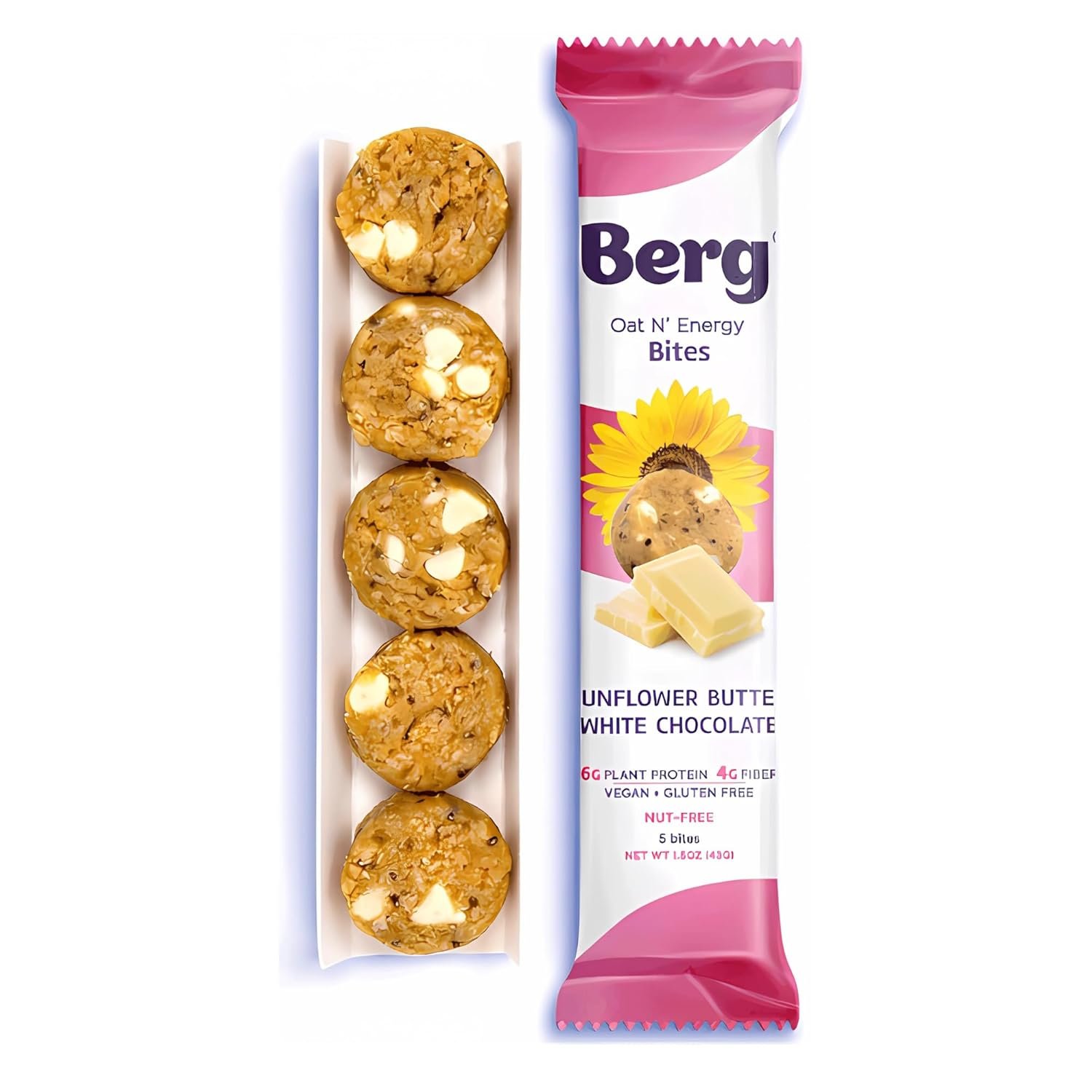 Berg Energy Bites Sunflower Butter & White Chocolate – Plant‑Based Protein Snack with 16 g Protein & 1 g Sugar – Vegan, Gluten‑Free, Low Sugar, High Fiber, Non‑GMO Prebiotic Bites – 1.5 oz (8 Pack)