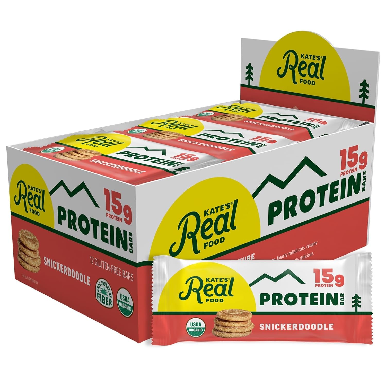 Kate’s Real Food Organic Protein Bars – (Snickerdoodle, 2.2 oz, Pack of 12) – Plant Based Protein Bars – Gluten Free, Soy Free, Non GMO, Whole Grains, and All Natural