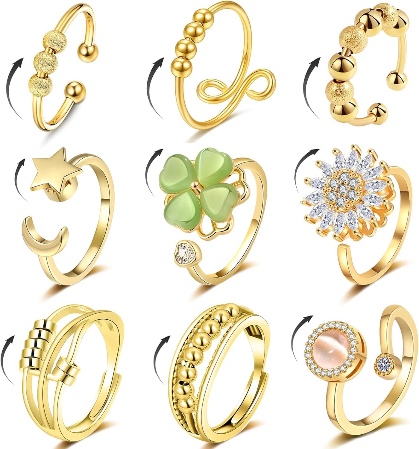 LOWNOUR Fidget Ring Anxiety Rings for Women Gold 9pcs Adjustable Spinner Ring CZ Diamond Sunflower Moon Star Four Leaf Heart Bead Fidget Rings for Anxiety Stress Relief for Women
