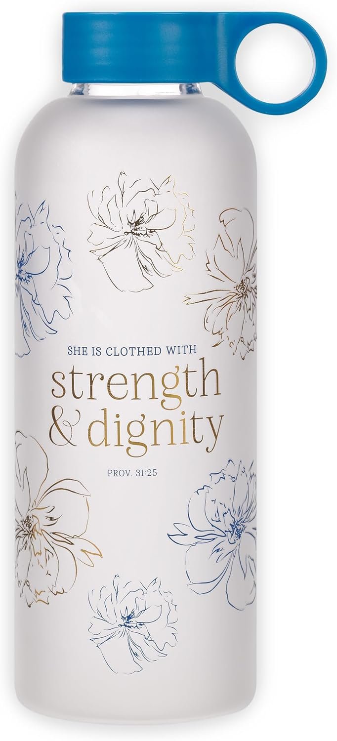 Christian Art Gifts Inspirational BPA-Free Reusable Frosted Glass Water Bottle for Women: Strength & Dignity Encouraging Bible Verse, Easy Carry Handle Loop, Twist Cap Lid, Blue & Gold Floral, 17 oz.