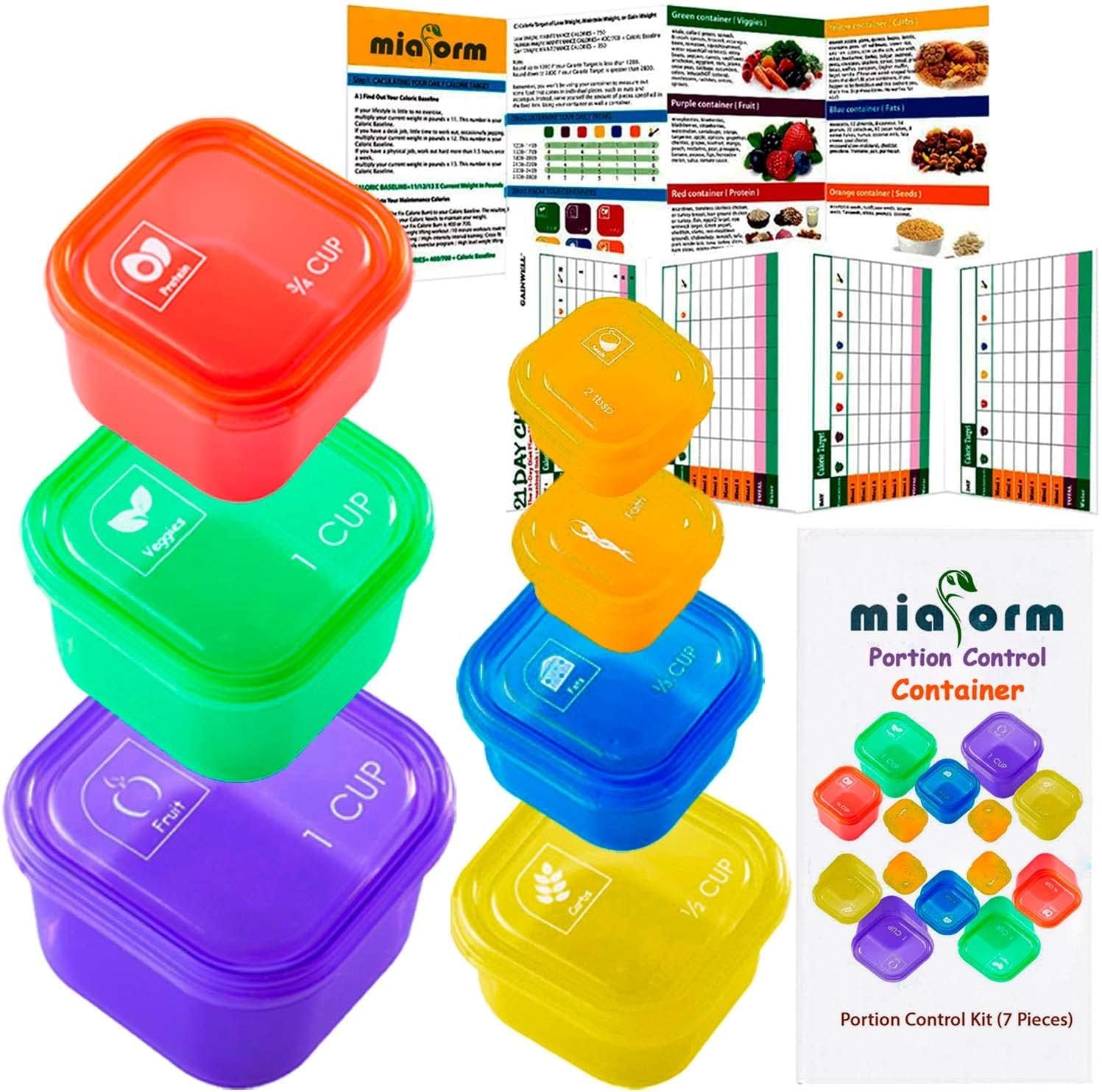 miaform Portion Control Container and Food Plan – 21 Day Portion Control Container Kit for Weight Loss – 21 Day Tally Chart with e-Book (7 Labeled Pcs)