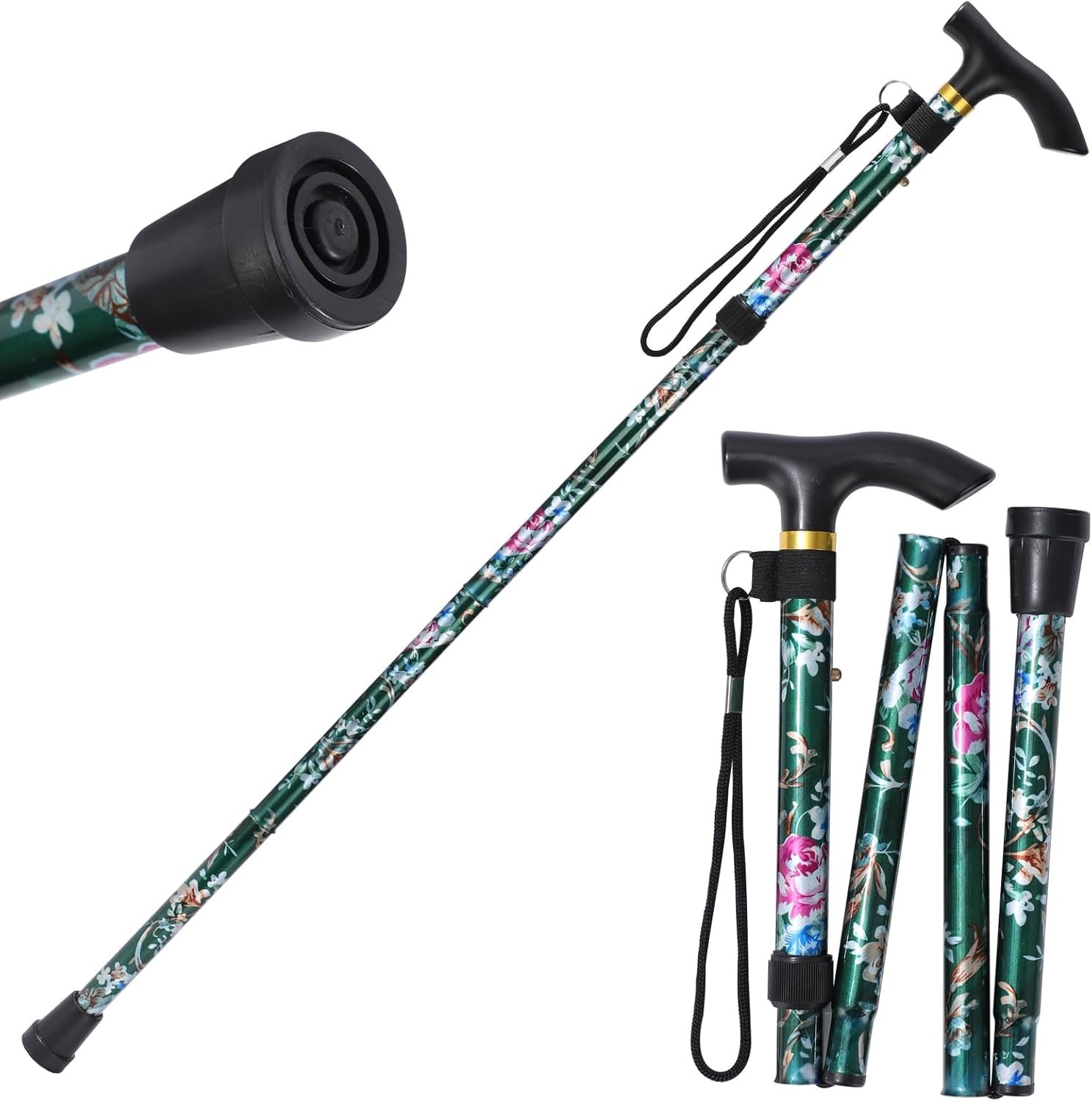 Walking Cane, Folding Cane for Man & Women, Portable Lightweight | 5-Level Adjustable Height, Collapsible Cane for Seniors Balancing Mobility Aid