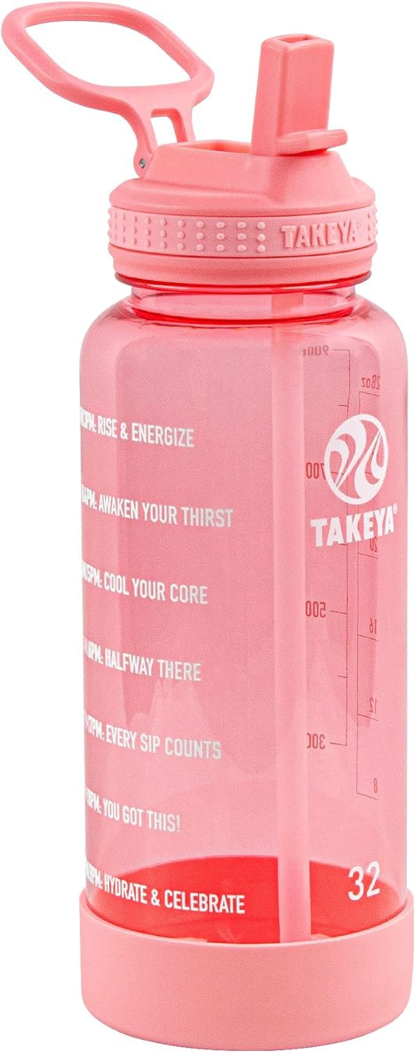 Takeya Motivational Water Bottle with Straw Lid and Time Marker (32 oz, Flutter Pink) – Leakproof, BPA Free Water Bottle for Daily Intake Tracking