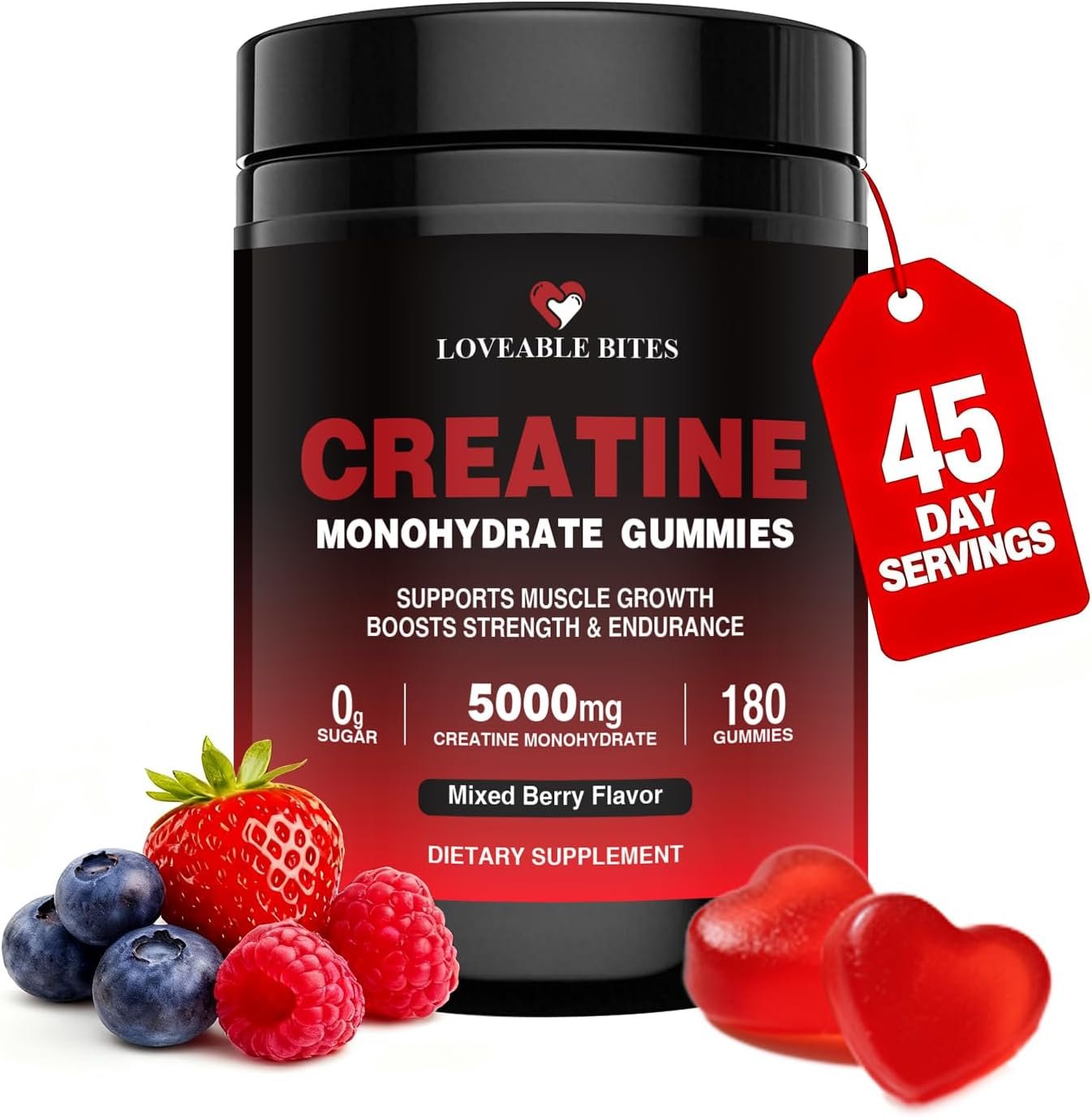 Loveable Bites Creatine Monohydrate Gummies – 5000mg Creatine Gummies for Men & Women | Supports Muscle Strength, Endurance, Energy & Recovery | Sugar-Free, Vegan, Mixed Berry Flavor, 180 Count