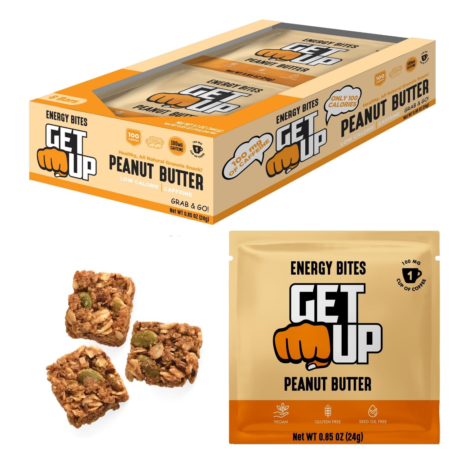GetUp – Caffeinated Granola Bites – Peanut Butter (10 Pack) – 100mg Caffeine Energy Bites – Low Calorie, Gluten-Free, 0 Seed Oils – Pre-Workout Portable Snack – Coffee Substitute – Low Sugar Energy