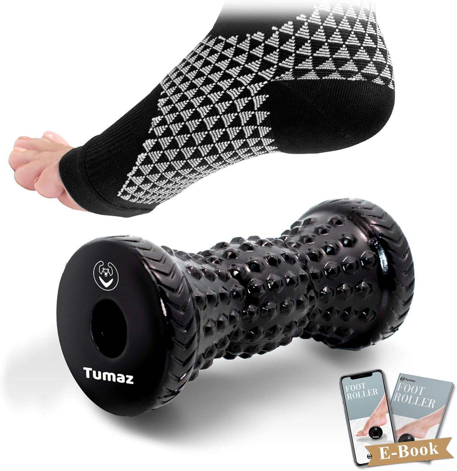 Tumaz Foot Compression Sleeves & Foot Roller Set for Women & Men – Plantar Fasciitis Compression Socks for Improving Blood Circulation, Foot Pain Relief, Edema (Black)