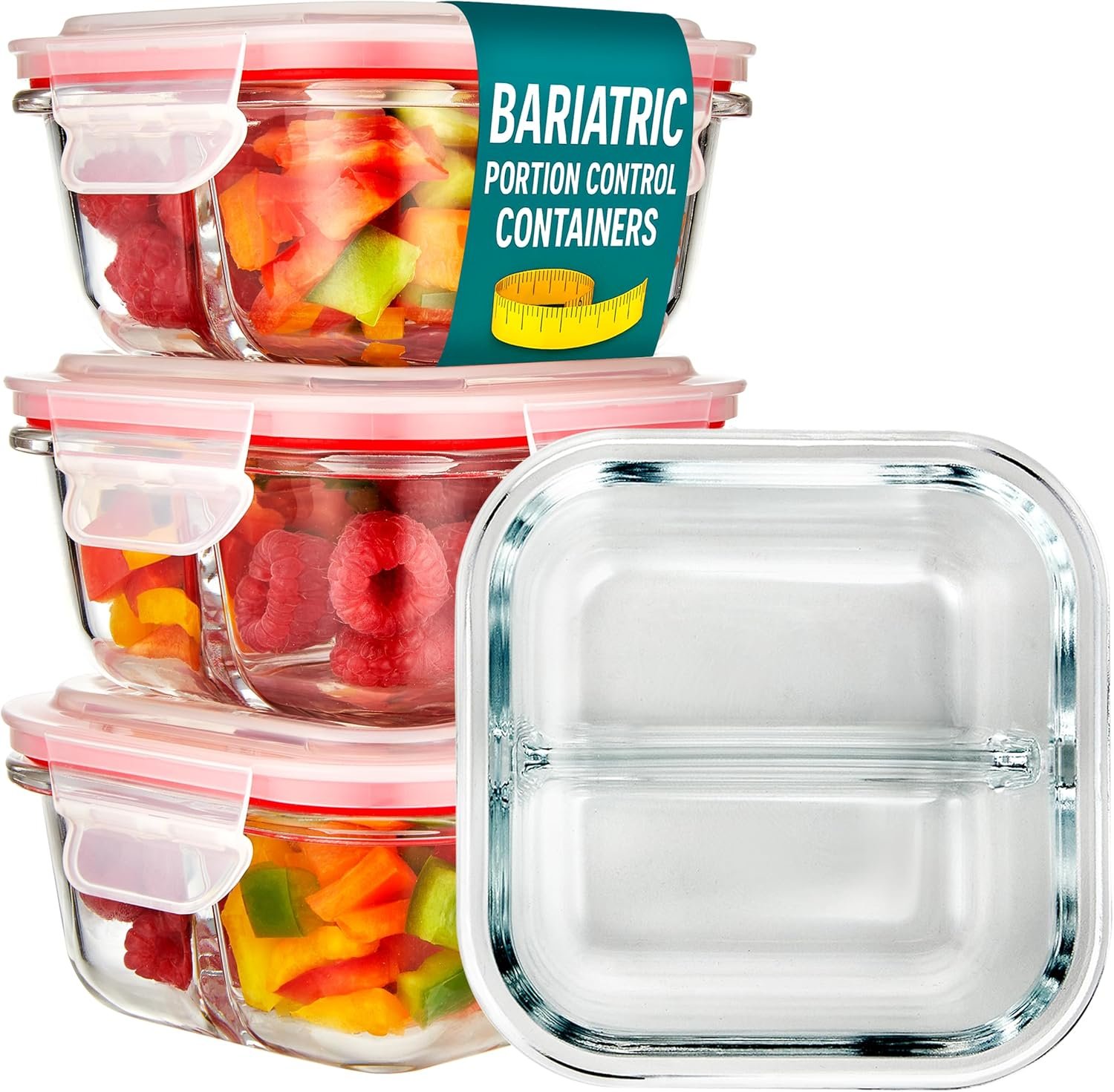 Glass Portion Control Bariatric Containers (3 Pack), 1 Cup Food Containers with Two 4 oz Compartments, 4oz Food Storage Containers for meal prep, Microwave Safe Glass Portion Containers with Lids