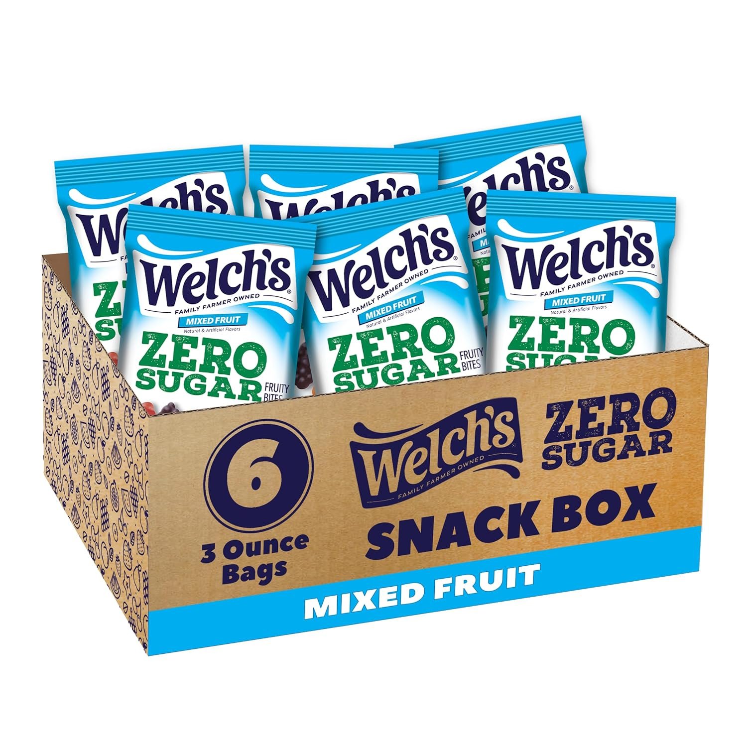 Welch’s Zero Sugar Fruity Bites, Mixed Fruit Snack Box, Gluten Free & Sugar Free Snacks, 3oz Snack Packs (Pack of 6)