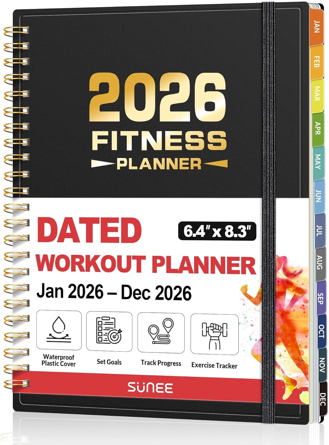 2026 Fitness Workout Journal Planner for Women & Men, JAN 2026 – DEC 2026 Exercise Planner, 6.4″ x 8.3″ Workout Calendar Journal Essentials Gift for Goals, Tracking, Gifts with PVC Plastic Cover,Black