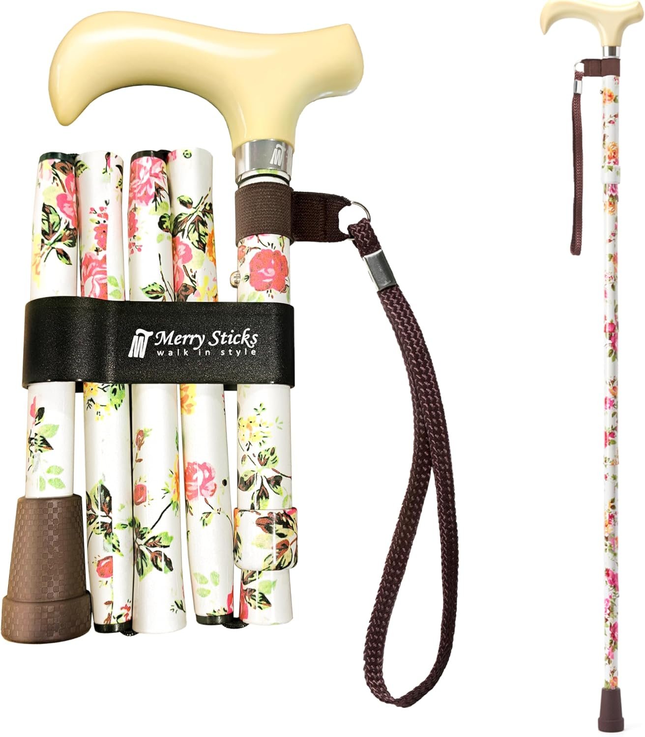 Merry Sticks Lightweight Foldable Walking Canes for Women and Men, Adjustable & Collapsible Walking Stick for Seniors, Balancing Mobility Aids, Ergonomic Handle & Wrist Strap – Cream Flowers