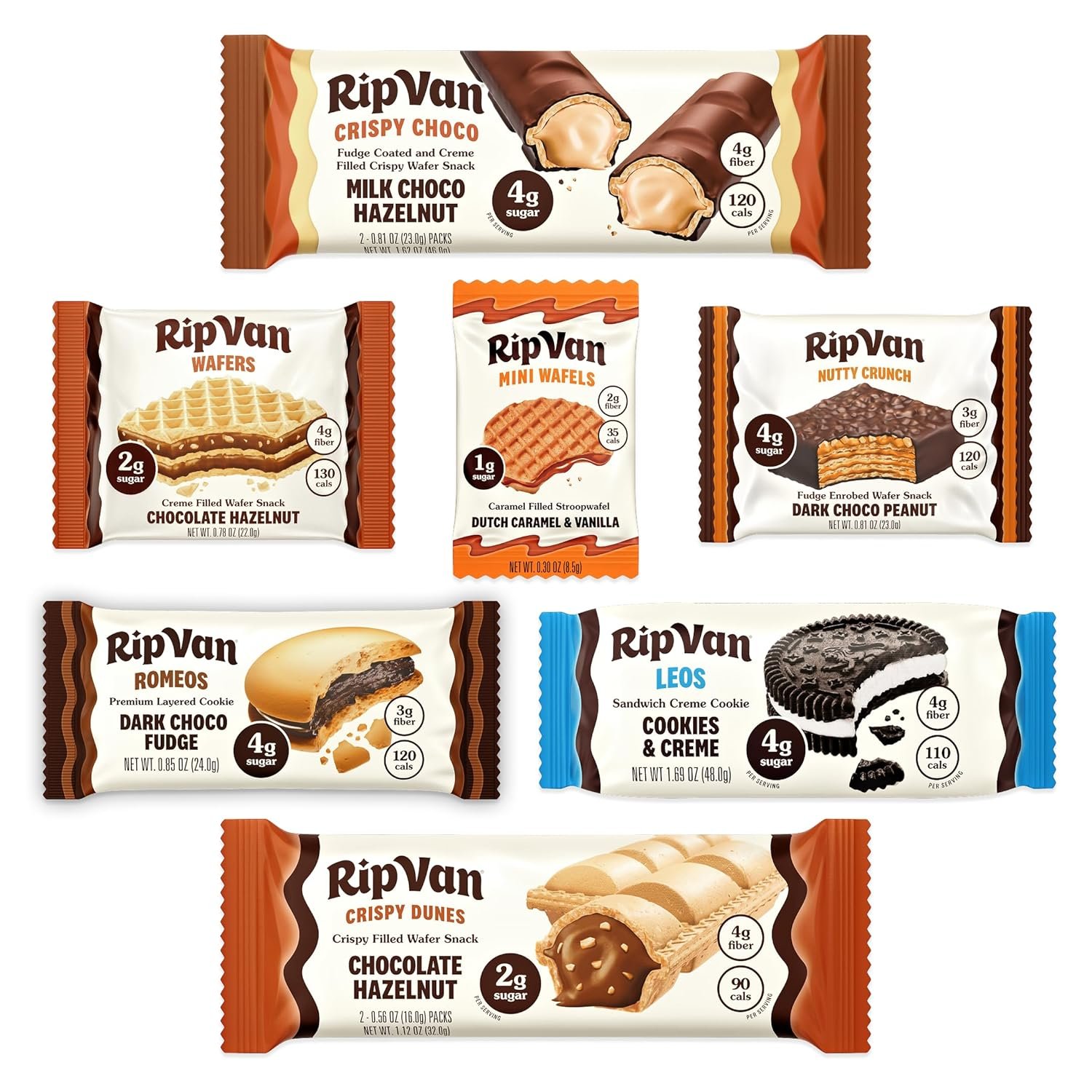 Rip Van Variety Discovery Pack (7 Count) – Low Sugar Healthy Snack Sampler – Includes Romeos, Leos, Dutch Caramel Stroopwafels, Chocolate Hazelnut Wafers & Nutty Crunch – Keto Friendly, High Fiber, Low Carb