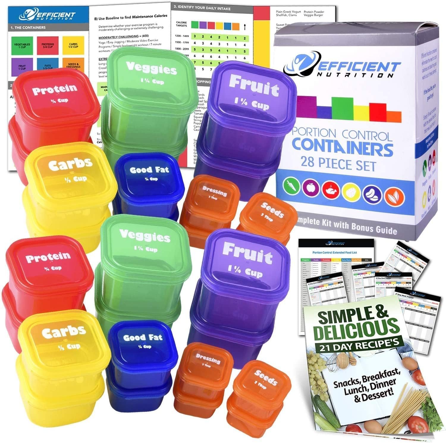 Efficient Nutrition Portion Control Containers DELUXE Kit (28-Piece) with COMPLETE GUIDE + 21 DAY PLANNER + RECIPE eBOOK BPA FREE Color Coded Meal Prep System for Diet and Weight Loss