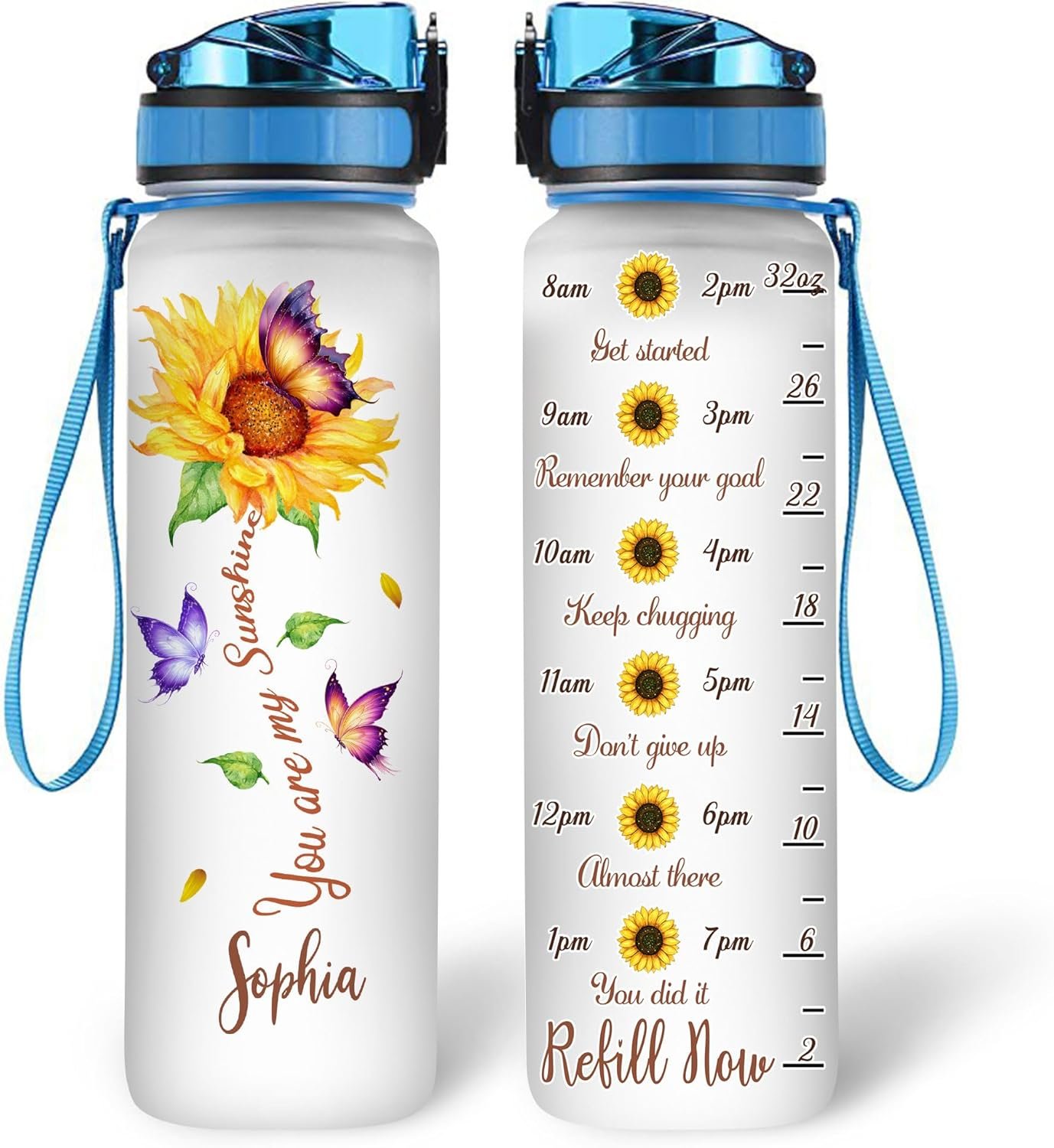 Hyturtle Personalized Sunflower Water Bottle – 32oz Motivational Water Bottle with Leak-Proof Lid & Time Marker – Custom Name Sunflower Gifts for Women, Girls Lovers On Birthday Christmas