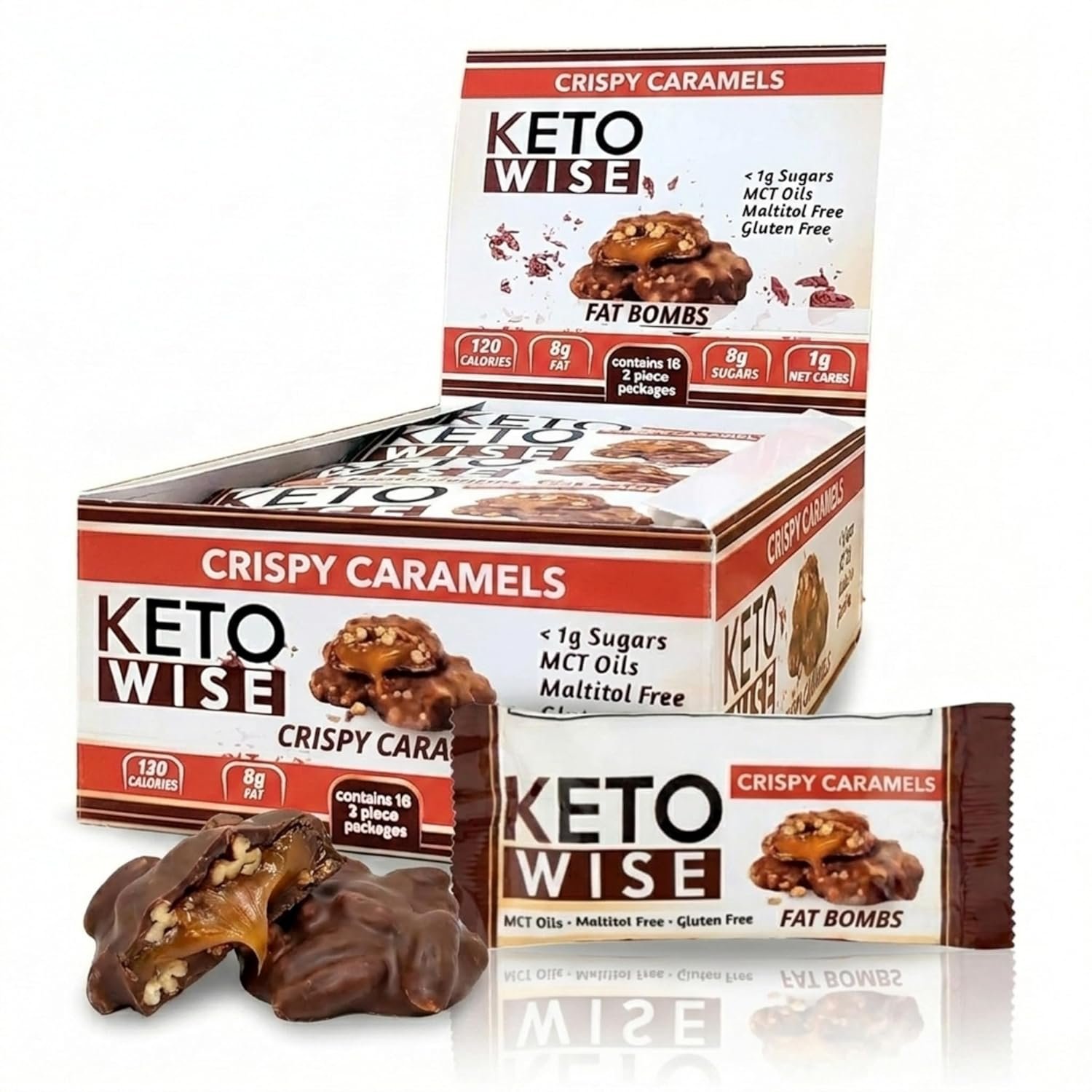 Keto Wise Fat Bombs – Made with Chocolate containing MCT Oil – Low Fat, Low Carb and Keto Friendly Snack – 8g Fat, 1g Net Carbs | Crispy Caramels, Pack of 16