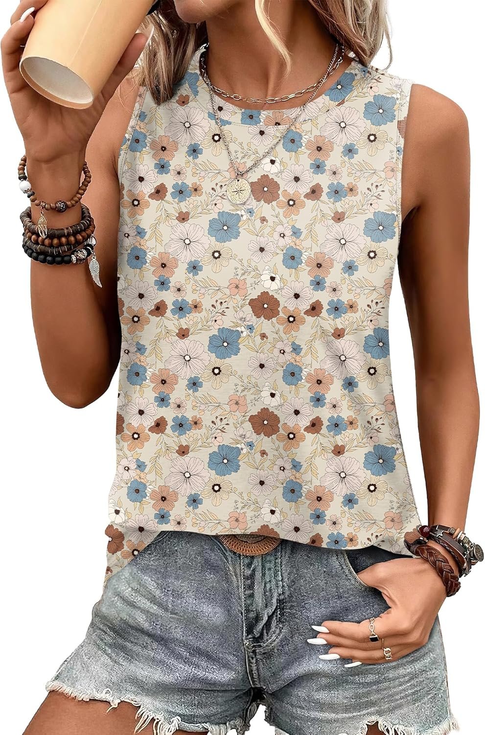 Sampeel Womens Tank Tops Eyelet Loose Casual Summer Tops Crew Neck Basic Sleeveless Shirts Trendy 2026