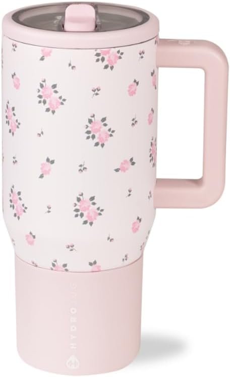 HydroJug Traveler – 20 oz Water Bottle with Handle & Flip Straw – Fits in Cup Holder, Leak Resistant Tumbler-Reusable Insulated Stainless Steel & Rubber Base – Gifts for Women & Men, Wildrose