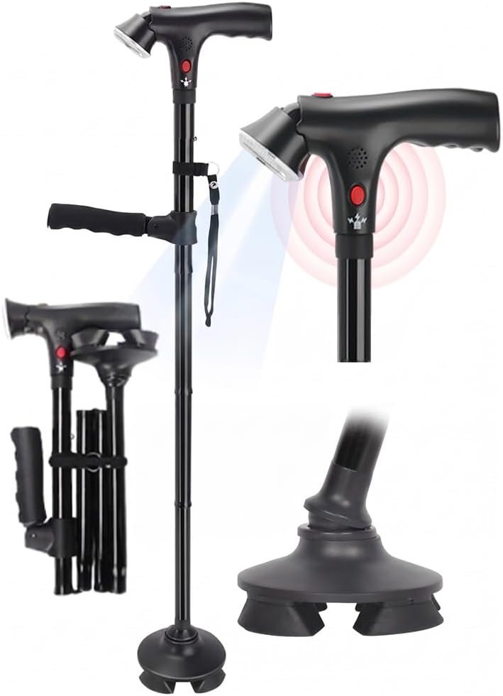 Walking Cane for Men & Women, 3-in-1 Folding Cane with Alarm and Light, Adjustable, Collapsible Walking Stick for Seniors Balance with a Second Handle