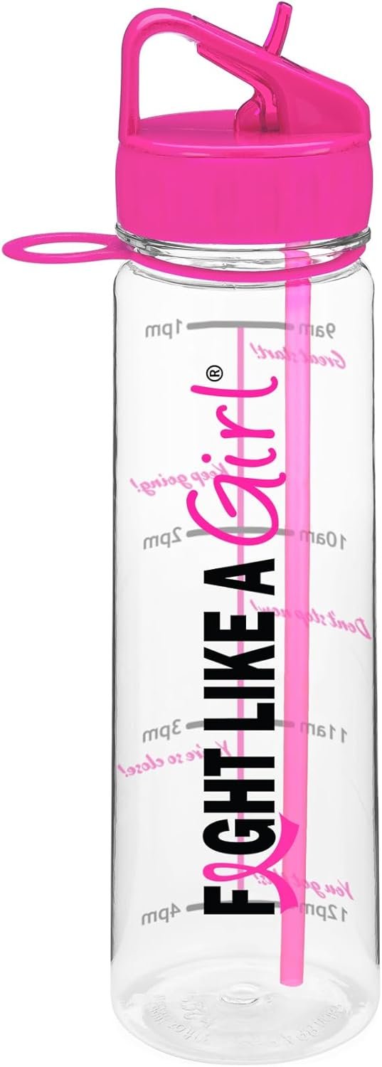 Fight Like a Girl Hybrid SlimKim 30 oz Motivational Water Bottle with Time Marker & Straw for Breast Cancer Awareness – Reusable Clear Water Bottle for Workout, Gym, Travel – Hot Pink