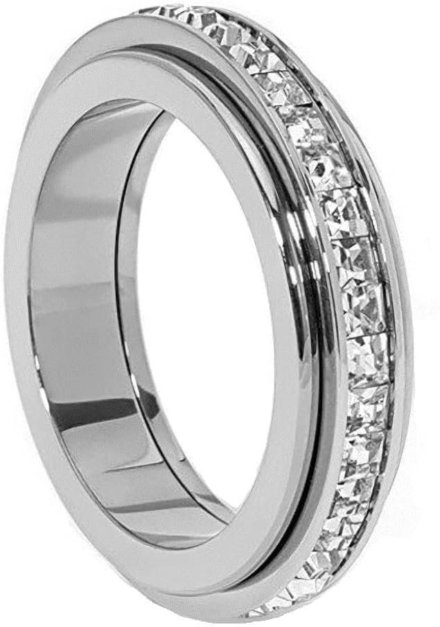Pingyongchang Titanium Steel Spinner Fidget Band Rings for Women Men Cubic Zirconia Rotatable Anxiety Relief Ring Wedding Promise Statement Jewelry Sizes 5-12