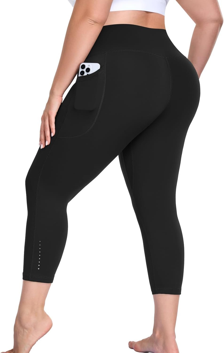 Plus Size Workout Capri Leggings with Pockets, L-6X Reflective Buttery Soft High Waisted Tummy Control Yoga Pants